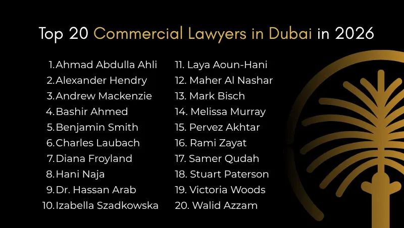 Top 20 Commercial Lawyers in Dubai 2026 - comparison list of Alexander Hendry, Andrew Mackenzie, Bashir Ahmed, Benjamin Smith and more